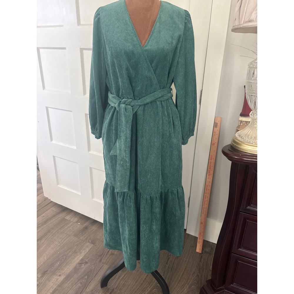 Smash + Tess Calista Corduroy Midi Dress Posy Green Wrap Tiered NWT Small